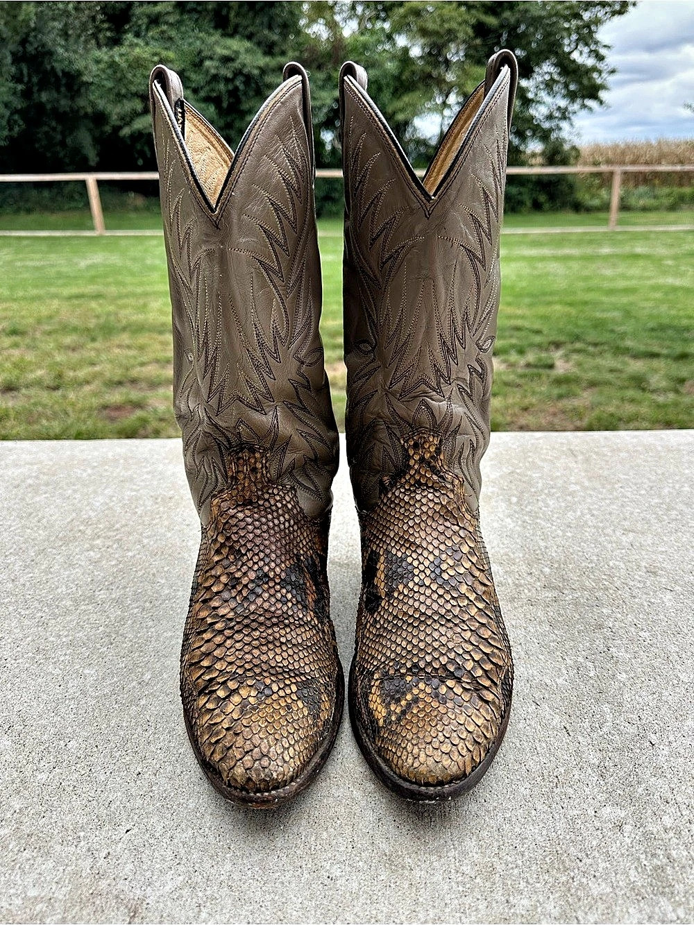 Vintage Dan Post Western Python Snakeskin Cowboy Boots Brown Gray 9
